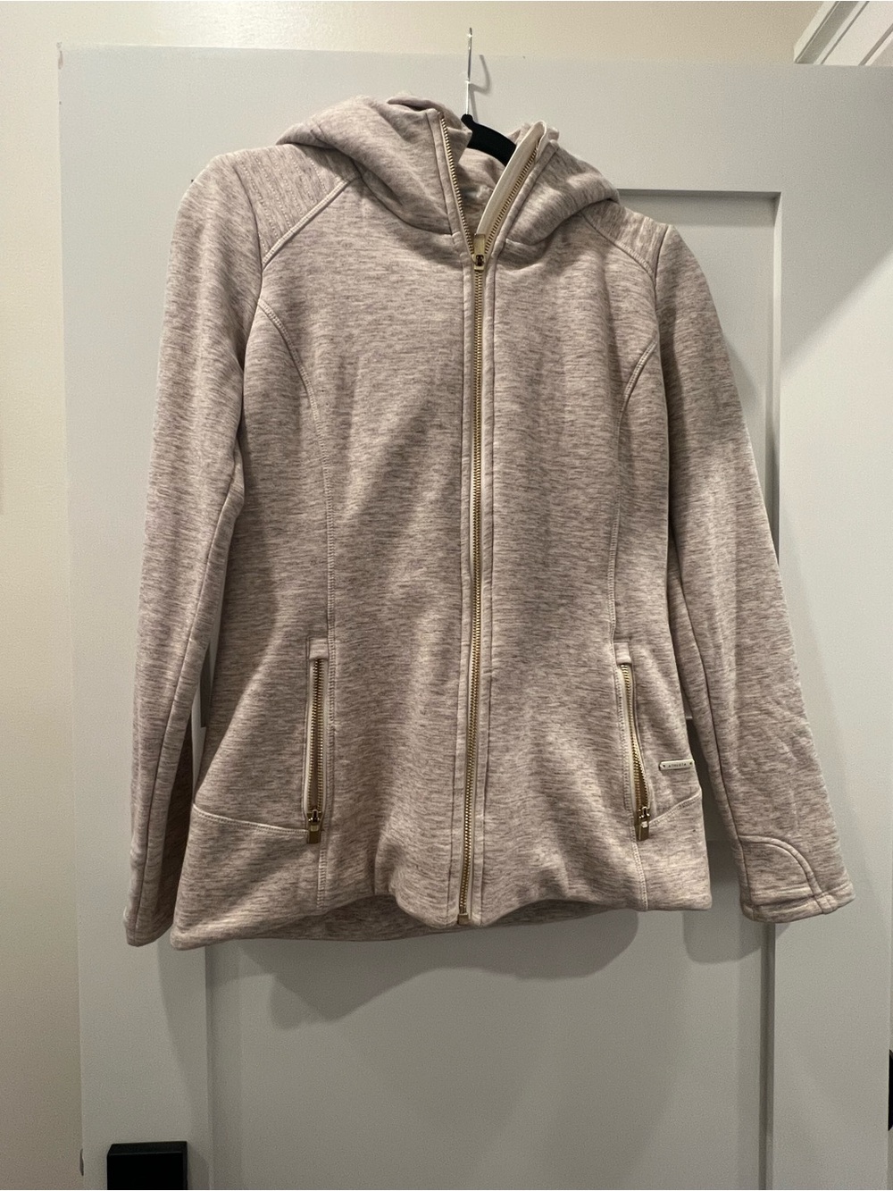 Womens Zip-Up Hooded Sweatshirt 🧥 in Heather Light Taupe and faux fur interior